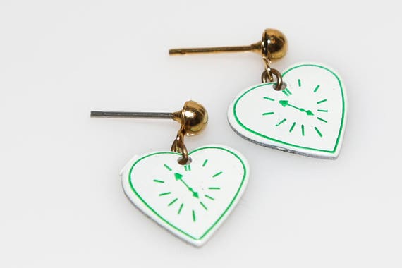 Vintage Heart Clock Earrings NOS Green White Dangles Valentine's Day Earrings Retro Gift