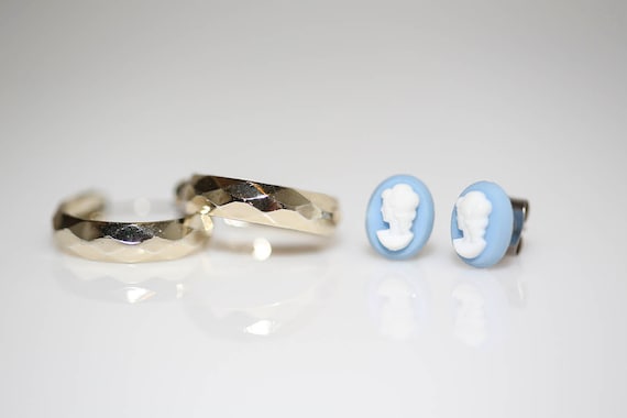 Vintage SET Cameo Hoop Duet Earrings - NOS Silver Tone Blue White Cameo Studs Faceted Hoops - Hypo-Allergenic