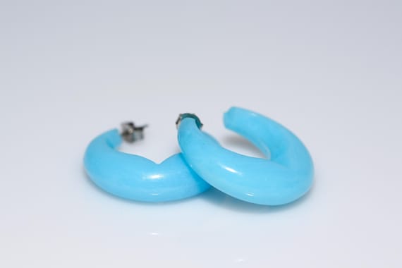 Vintage Plastic Rococo Hoop Earrings in Aqua Blue NOS!