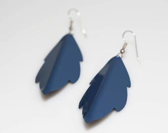 Blue Enameled Metal Feather Earrings Vintage NOS