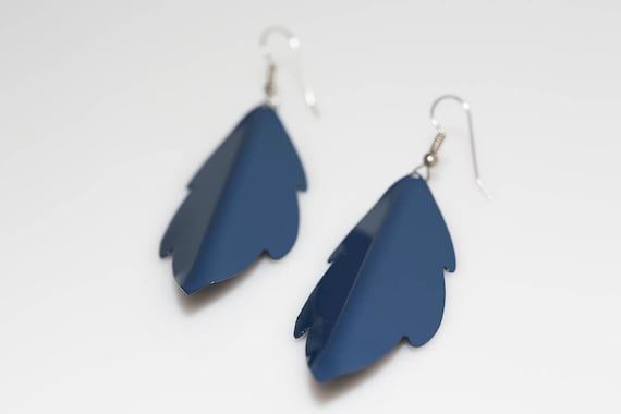 Blue Enameled Metal Feather Earrings Vintage NOS