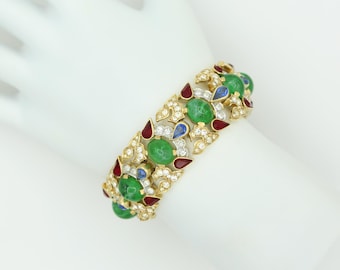 1965 Trifari Jewels India Bracelet | Alfred Philippe Emerald Ruby Sapphire Pavé Gold Plated
