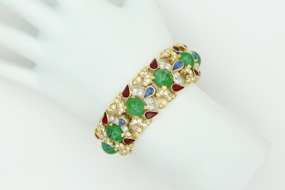 Vintage 1965 Crown Trifari Jewels of India Bracelet | Alfred Philippe | Faux Emerald Ruby Sapphire Pavé Crystal | Gold Plated