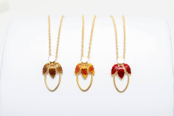 Vintage Fall Leaves Necklace - 9 Options to Choose From! Oval, Circle, or Diamond in Brown, Orange or Red Gold Tone Enameled Pendants