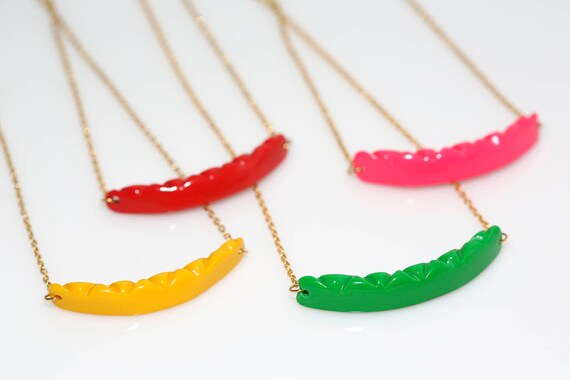 Vintage Multi Colored Crescent Drop Necklaces NOS Gold Tone Chain Red Pink Yellow Green Plastic Lucite Pendant Necklaces