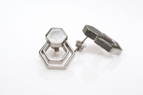 Vintage Silver Tone Hexagon Earrings Studs Geometric NOS