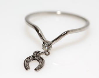 Vintage Lucky Horse Shoe Charm Ring Silver Tone Rhinestone NOS