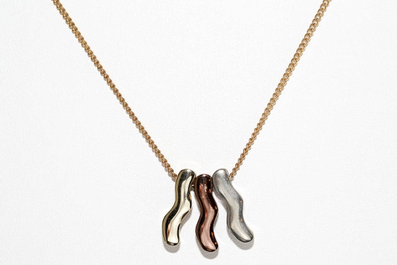 Vintage Mixed Metal Wave Necklace NOS Gold Silver Copper Pendant Dangle Drop Charm