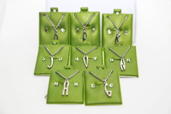 Vintage Silver Carded Initial Set NOS Necklace Stud Earrings Letter Alphabet Mid-Century Modern Jewelry