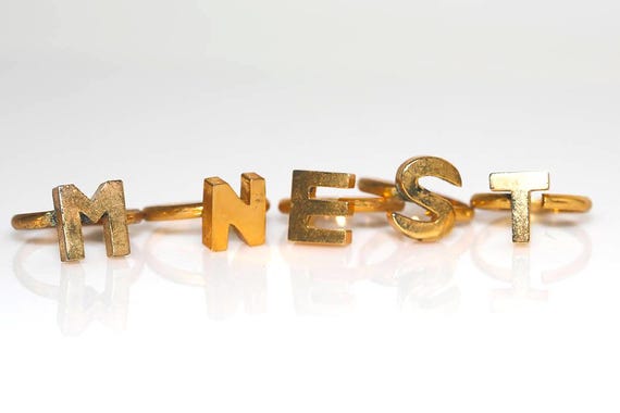 Vintage Mid-Century Initial Rings Gold Tone Letter Alphabet NOS Adjustable