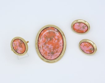 Vintage 1974 Sarah Coventry CORALINE Pendant/Pin Earrings Clip-On Ring Gold Tone Pink Set Rare!