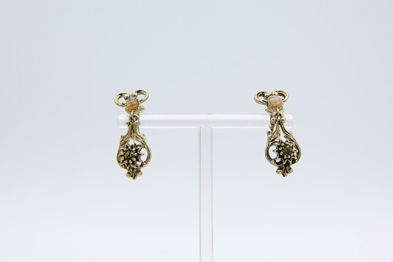 Vintage 1975 Sarah Coventry CONTESSA Earrings Gold Tone Dangle Drop Clip On Faux Opal Rhinestone Rare!