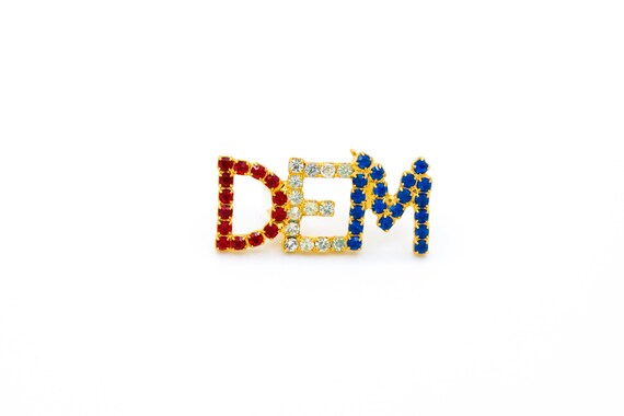 Vintage Political "DEM" Swarovski Rhinestone Pin NOS Democrat Red White Blue Crystal