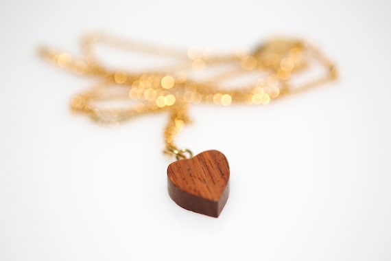 Vintage Genuine Wood Slice Heart Necklace with Gold Tone Chain