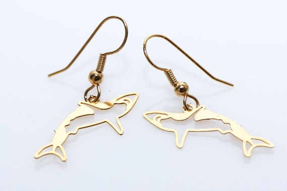 Vintage Shark Earrings in Gold Tone NOS Dangle Drop