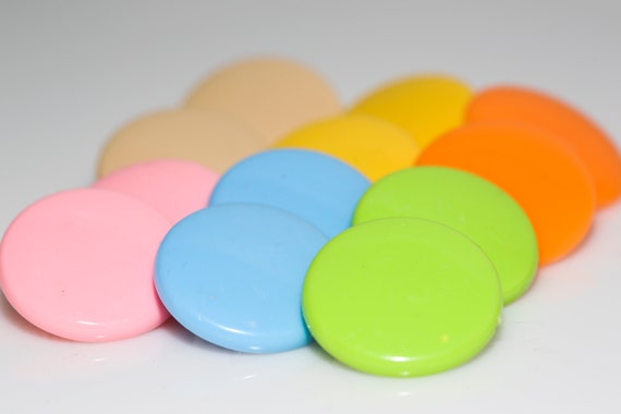 Vintage Plastic "Candy" Disk Earrings NOS Large Pierced Circle Studs Orange Pink Yellow Blue Green Beige