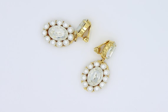 Vintage Lawrence VRBA Faux Pearl and Rhinestone Gold Tone Clip Earrings RARE