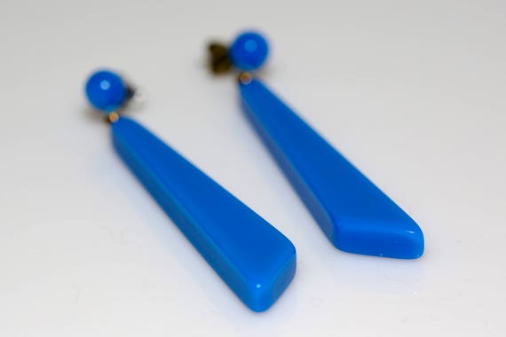 Vintage Blue Geometric Drop Earrings | NOS 1980s Plasic Dangle Pierced Earrings