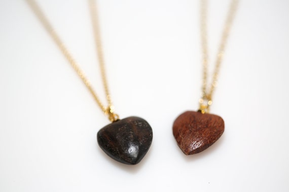 Vintage Wood Chunk Heart Necklace in Gold NOS Genuine Wooden Pendant Charm