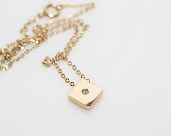 Vintage Faux Diamond on Diamond Necklace Gold Tone Geometric Square Rhinestone