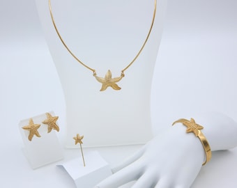 Vintage 1977 Sarah Coventry SEA STAR Choker Necklace Bracelet Clip Earrings Stick Pin Gold Tone Starfish Set Rare!