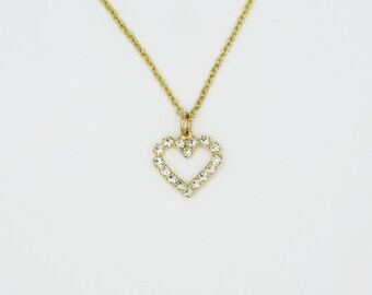 Vintage Rhinestone Heart Pendant Necklace: Gold Tone Sparkly Sweetheart NOS