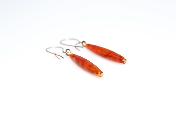 Vintage Brown Slender Drop Dangle Earrings Marbled Plastic Tube Beads NOS