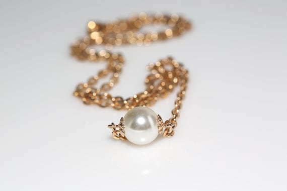 Vintage Faux Pearl Drop Necklace - NOS Gold Tone