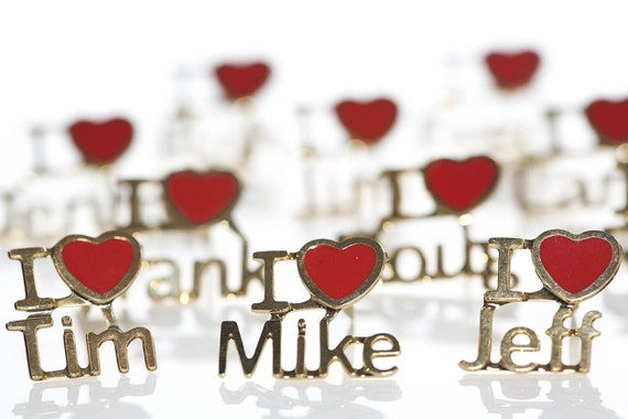 Vintage I <3 Boy Name Pins NOS Boyfriend Heart Brooch Name Pin Valentine's Day Sweetheart