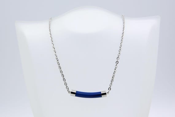 Vintage Sarah Coventry 1975 PIZZAZZ Necklace Silver Tone Chain Blue Tube Pendant RARE!