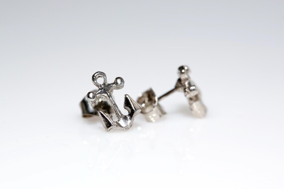 Vintage Silver Tone Anchor Earrings NOS Tiny Studs Nautical Earrings Metal Studs