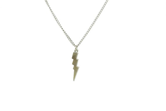 Vintage Lightning Bolt Pendant Necklace: Silver Tone NOS Weather Storm Charm Solid