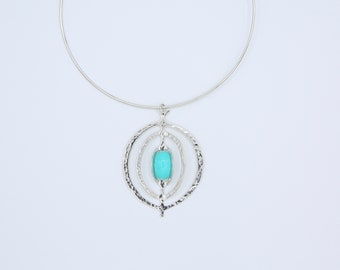 Vintage Sarah Coventry 1976 SATURN Drop Hoop Wire Necklace Silver Tone Aqua Blue Turquoise Pendant Rare!