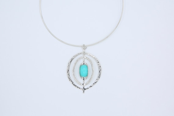 Vintage Sarah Coventry 1976 SATURN Drop Hoop Wire Necklace Silver Tone Aqua Blue Turquoise Pendant Rare!