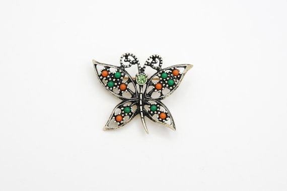 1974 Sarah Coventry "Wings of Fashion" Pin Brooch Gold Tone Butterfly RARE Vintage 70s Pink Green