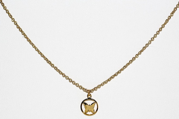 Vintage Gold Tone Butterfly Charm Pendant Necklace NOS Cable Chain Circle Dainty