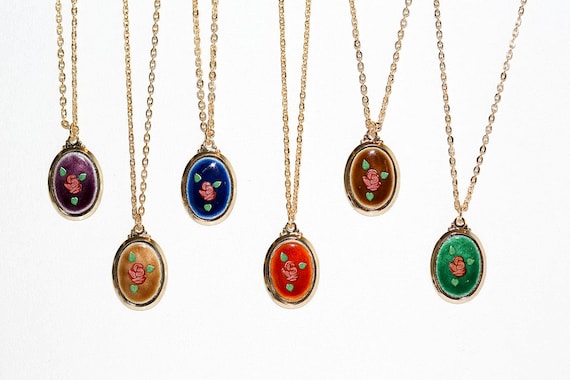 Vintage Little Flower Necklaces Tiny Oval Enameled Guilloche Floral Charm Pendants NOS