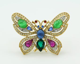 Vintage 1965 Trifari Jewels of India Butterfly Brooch, Faux Emerald, Ruby, Sapphire, Pavé Crystals