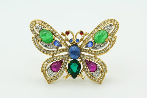 Vintage 1965 Crown Trifari Jewels of India Butterfly Brooch | Alfred Philippe | Faux Emerald Ruby Sapphire | Pavé Crystal | Gold Plated