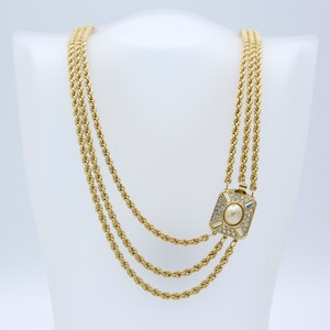 Vintage 1983 Sarah Coventry RAPTURE Multi-Chain Gold Tone Necklace Fancy Rhinestone Faux Pearl Clasp Rare!