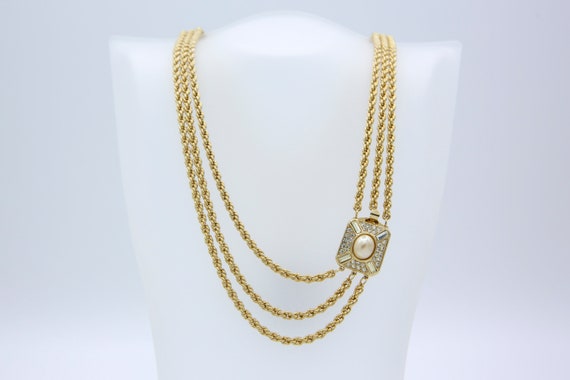 Vintage 1983 Sarah Coventry RAPTURE Multi-Chain Gold Tone Necklace Fancy Rhinestone Faux Pearl Clasp Rare!