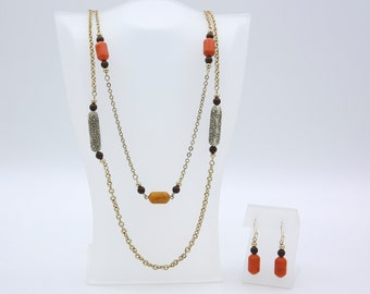 Vintage 1975 Sarah Coventry BITTERSWEET  Beaded Chain Necklace Pierced Earrings Set Brown Orange Gold Tone Rare!