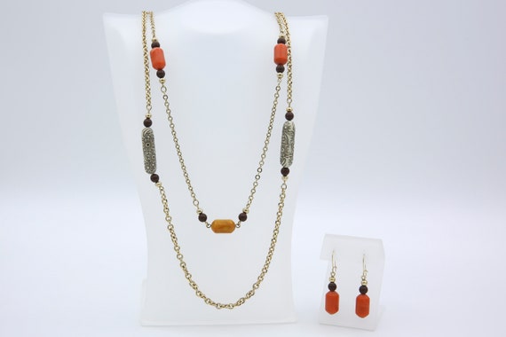 Vintage 1975 Sarah Coventry BITTERSWEET  Beaded Chain Necklace Pierced Earrings Set Brown Orange Gold Tone Rare!