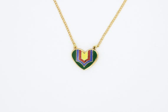 Vintage Heart Deco Enameled Metal Heart Necklaces Green Yellow Gold Tone Valentine's Day Gift