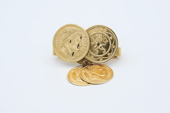 Vintage 1970 Sarah Coventry ROMAN COINS Scarf Keeper Clip Gold Tone Coin Accessory Rare