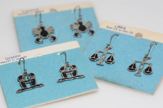 Vintage Translucent Blue Zodiac Earrings Carded NOS Astrology Horoscope Dangle Drop Earrings