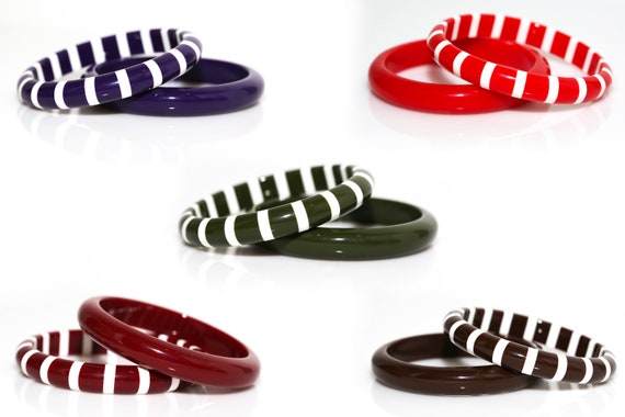 Vintage Solids and Stripes Bracelet - NOS Plastic Retro Bangle Bracelet Red Green Brown Purple Burgundy