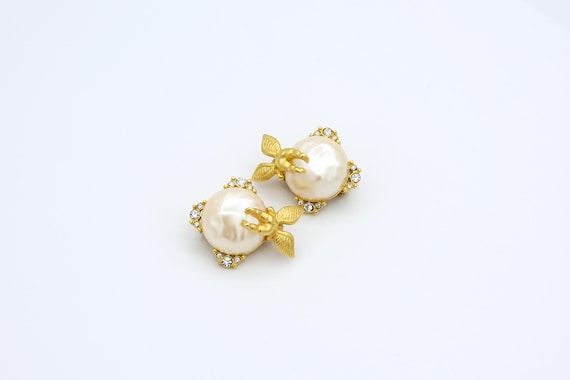 Vintage GIVENCHY Faux Pearl and Rhinestone Gold Tone Cherub Angel Clip Earrings RARE