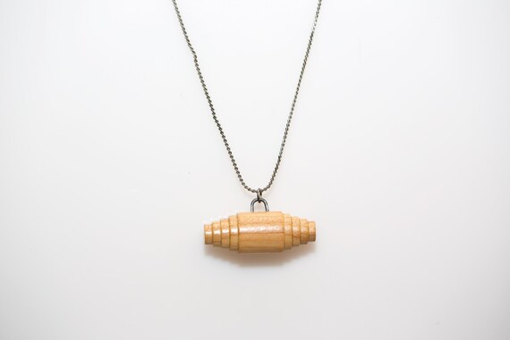 Vintage Wooden Button Necklace NOS Genuine Wood Bead Pendant Silver Tone Chain