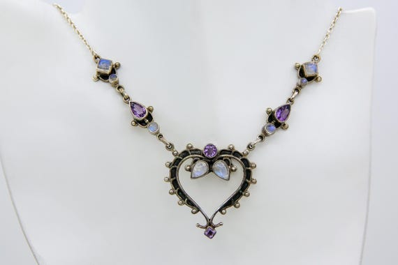 Vintage Sterling Silver 925 Moonstone and Amethyst Heart Pendant Necklace India
